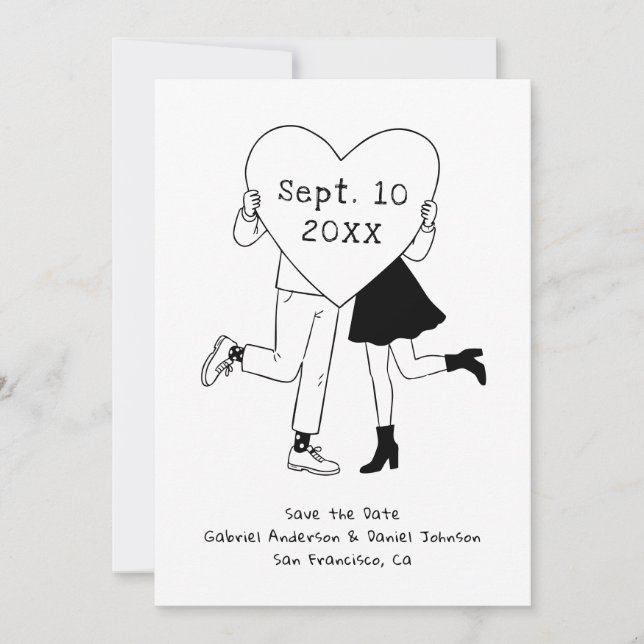 Whimsical Black & White Wedding. Hand Drawn Doodle Save The Date (Front)
