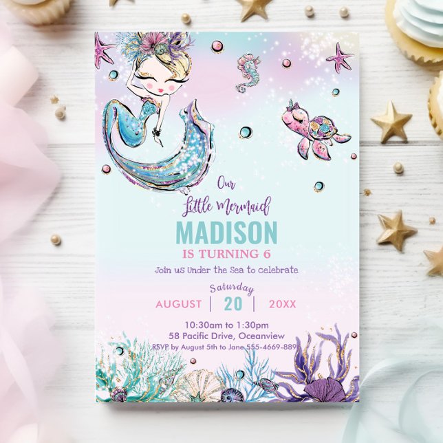 Whimsical Blonde Mermaid Under the Sea Birthday Invitation (whimsical blonde mermaid under the sea pool birthday party invitation cards printed digital file)