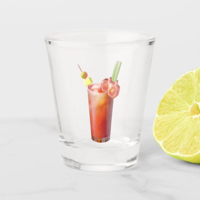 Whimsical Bloody Mary: Surreal Cocktail Art Shot Glass (Front)