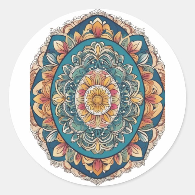 Whimsical Bloom Mandala – Nature-Inspired Classic Round Sticker (Front)
