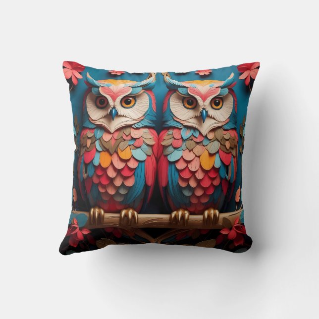 Whimsical Blossoms Coloured Owl Cushion (Back)