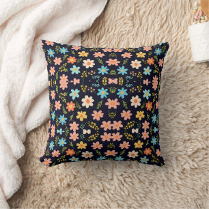 Whimsical Blossoms on Midnight Blackground Cushion