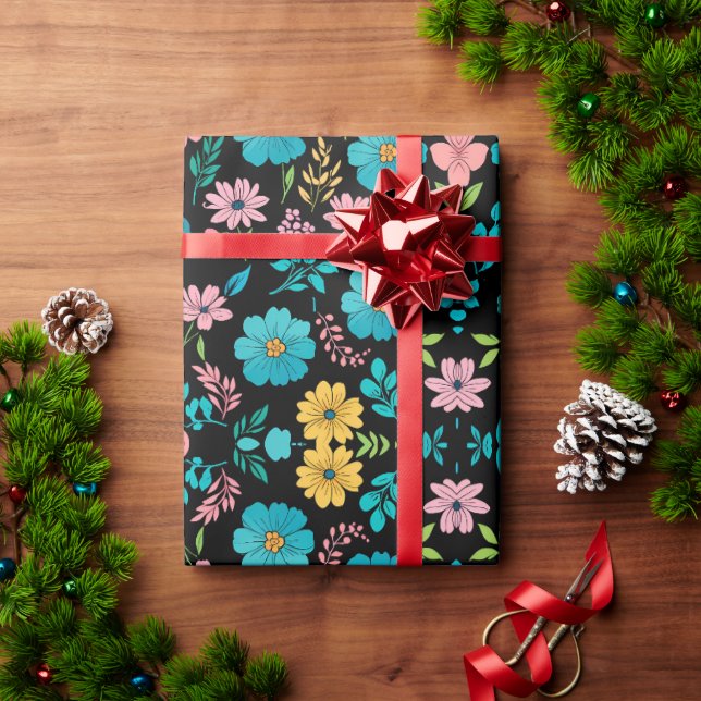 Whimsical Blossoms on Midnight Blackground Wrapping Paper (Holiday Gift)