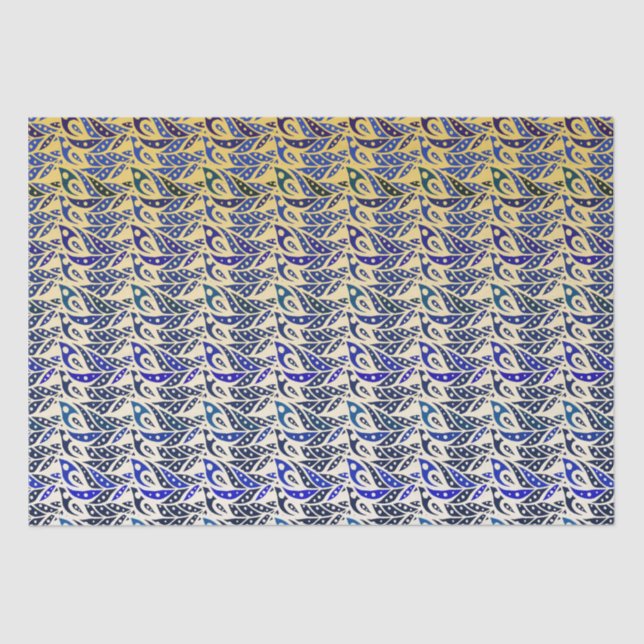 Whimsical blue and gold peacock feather pattern tissue paper (Front)