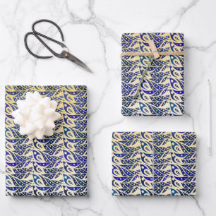 Whimsical blue and gold peacock feather pattern  wrapping paper sheet