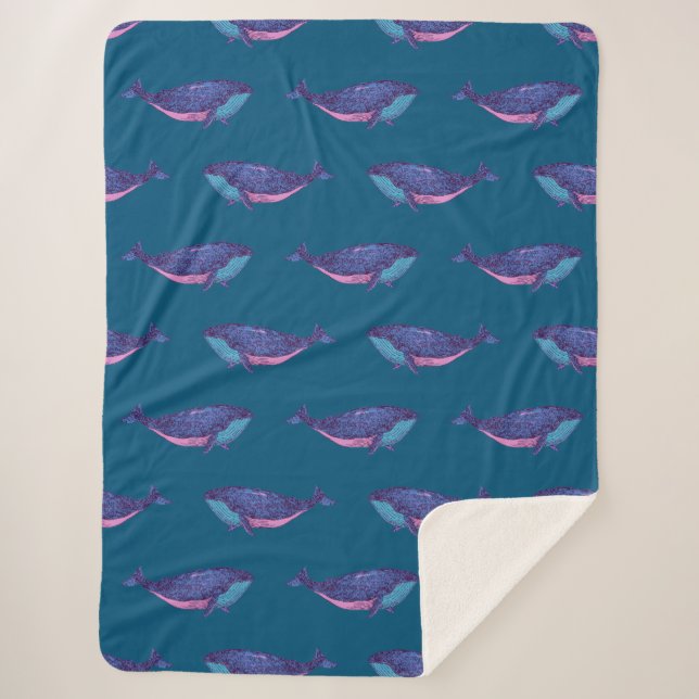 Whimsical Blue and Purple Whale Pattern Ocean Sherpa Blanket (Front)