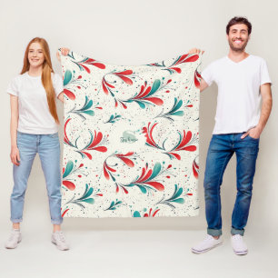Whimsical Blue and Red Paisley Leaf Pattern (2) Fleece Blanket