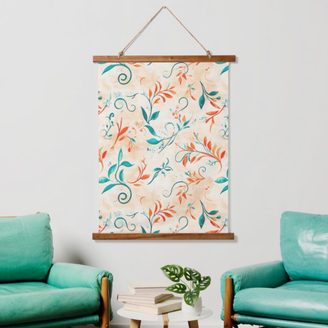 Whimsical Blue and Red Paisley Leaf Pattern (2) Hanging Tapestry (Living Room)