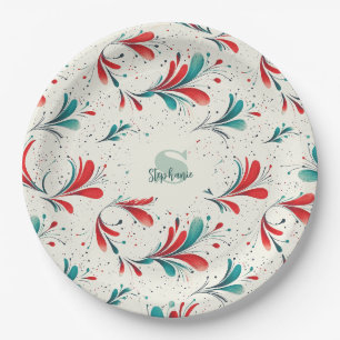 Whimsical Blue and Red Paisley Leaf Pattern (2) Paper Plate