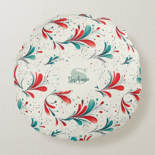 Whimsical Blue and Red Paisley Leaf Pattern (2) Round Cushion