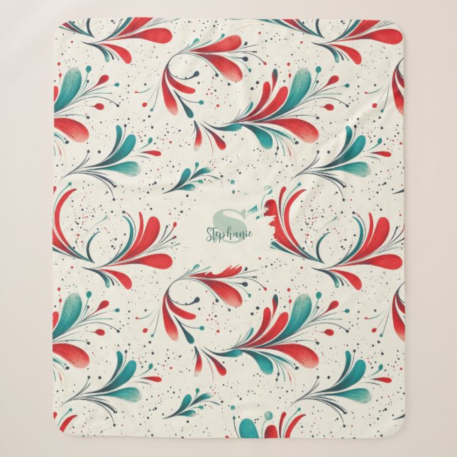 Whimsical Blue and Red Paisley Leaf Pattern (2) Sherpa Blanket (Front)