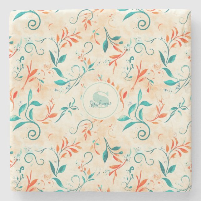 Whimsical Blue and Red Paisley Leaf Pattern (2) Stone Coaster (Front)