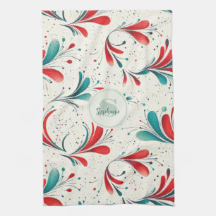 Whimsical Blue and Red Paisley Leaf Pattern (2) Tea Towel
