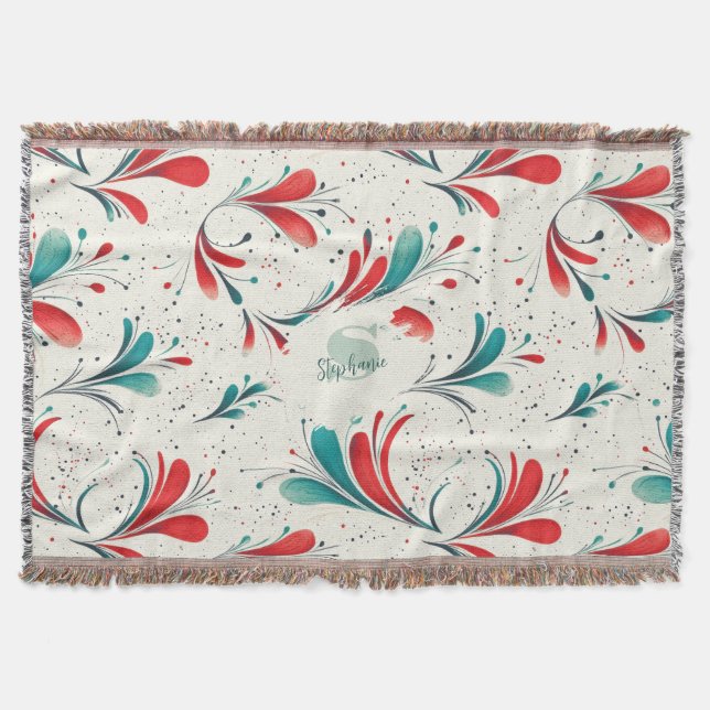 Whimsical Blue and Red Paisley Leaf Pattern (2) Throw Blanket (Front)