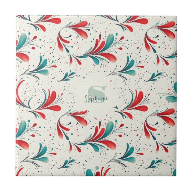 Whimsical Blue and Red Paisley Leaf Pattern (2) Tile (Front)