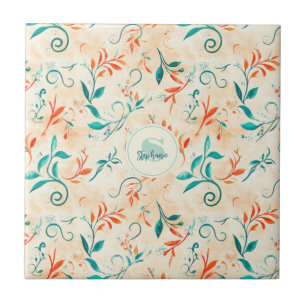 Whimsical Blue and Red Paisley Leaf Pattern (2) Tile