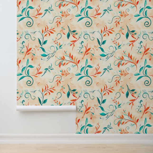 Whimsical Blue and Red Paisley Leaf Pattern (2) Wallpaper (Application)