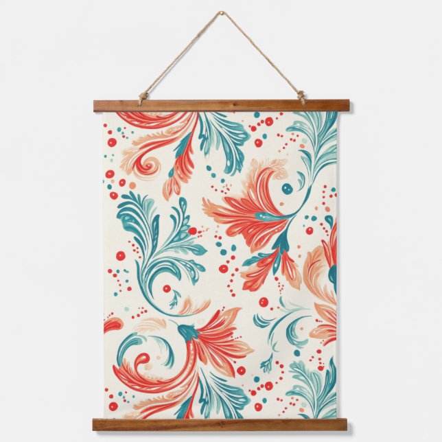 Whimsical Blue and Red Paisley Leaf Pattern Hanging Tapestry (Front)
