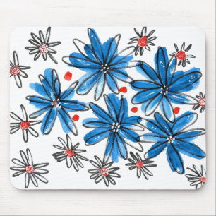 Whimsical Blue and White Flowers Mouse Pad