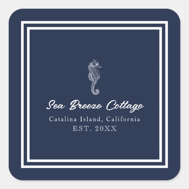 Whimsical Blue and White Seahorse Square Sticker (Front)