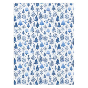 Whimsical Blue and White Winter Tree and Snowflake Tablecloth