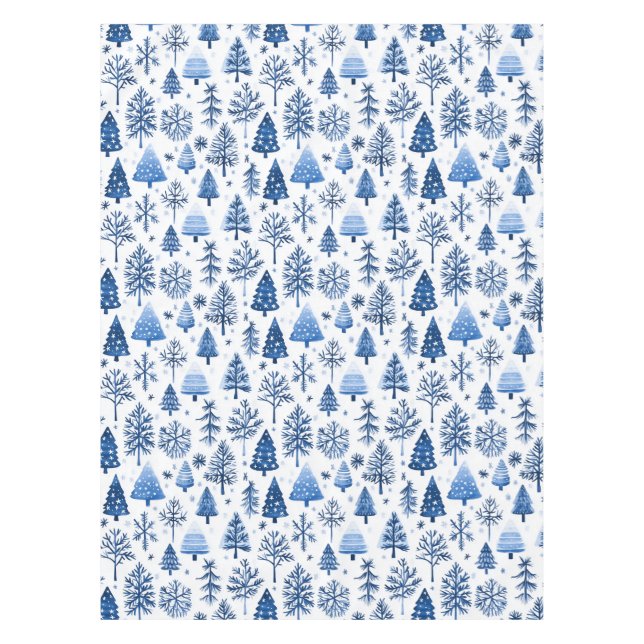Whimsical Blue and White Winter Tree and Snowflake Tablecloth (Front)