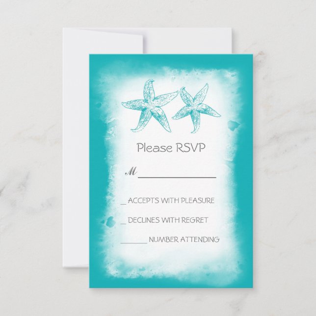 Whimsical blue beach wedding RSVP cards (Front)