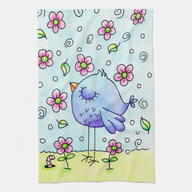 Whimsical Blue Bird And Flowers Tea Towel (Vertical)