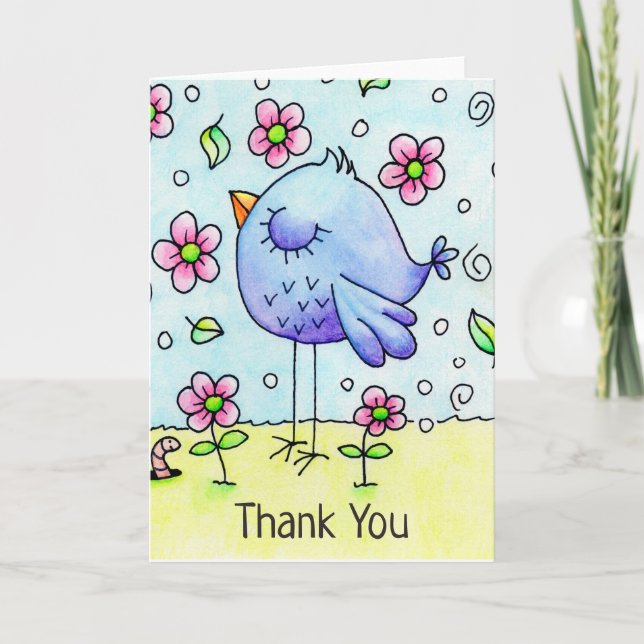 Whimsical Blue Bird And Flowers Thank You Card (Front)