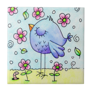 Whimsical Blue Bird And Flowers Tile