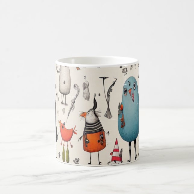 Whimsical Blue Bird & Fantasy Friends Illustrated  Coffee Mug (Center)