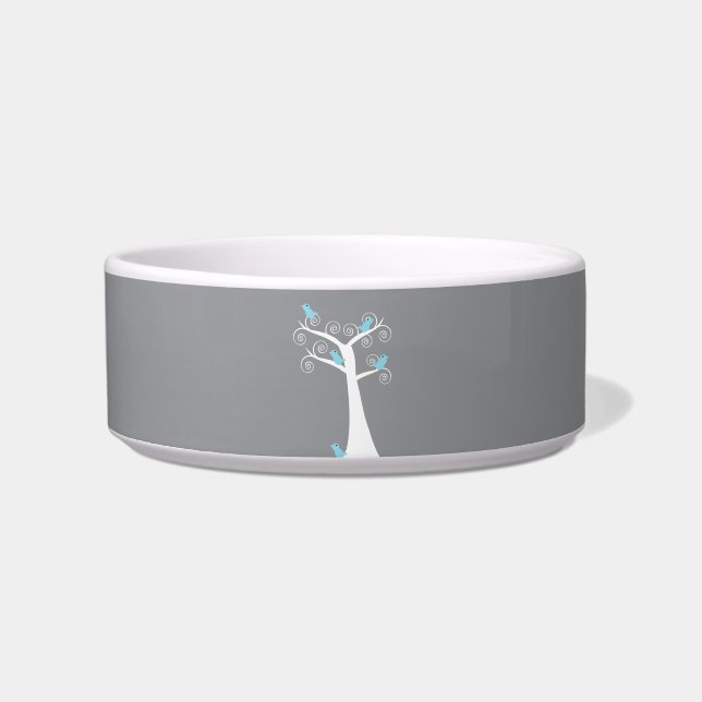 Whimsical Blue Birds Grey Background Swirl Tree Bowl (Front)
