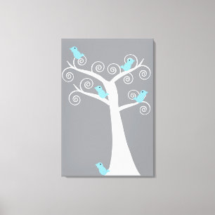 Whimsical Blue Birds Grey Swirl Tree Canvas Print