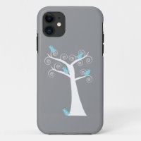 Whimsical Blue Birds Grey Swirl Tree
