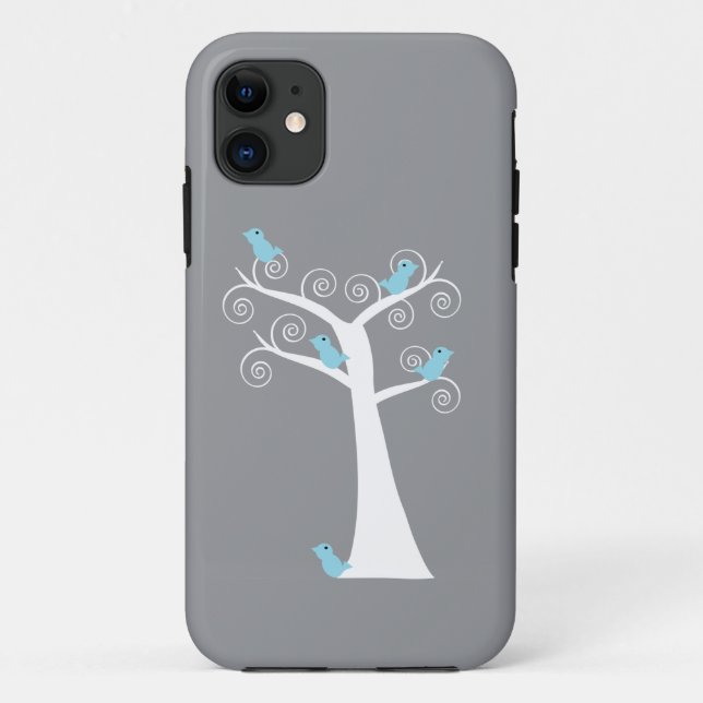 Whimsical Blue Birds Grey Swirl Tree Case-Mate iPhone Case (Back)