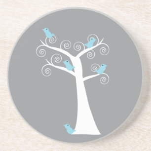 Whimsical Blue Birds Grey Swirl Tree Coaster