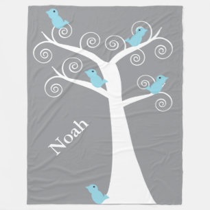 Whimsical Blue Birds Grey Swirl Tree Personalise Fleece Blanket