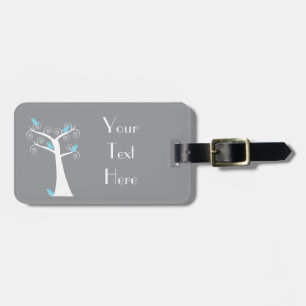 Whimsical Blue Birds Grey Swirl Tree Personalise Luggage Tag