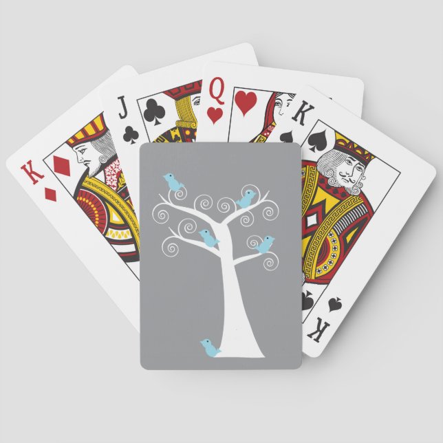 Whimsical Blue Birds Grey Swirl Tree Playing Cards (Back)