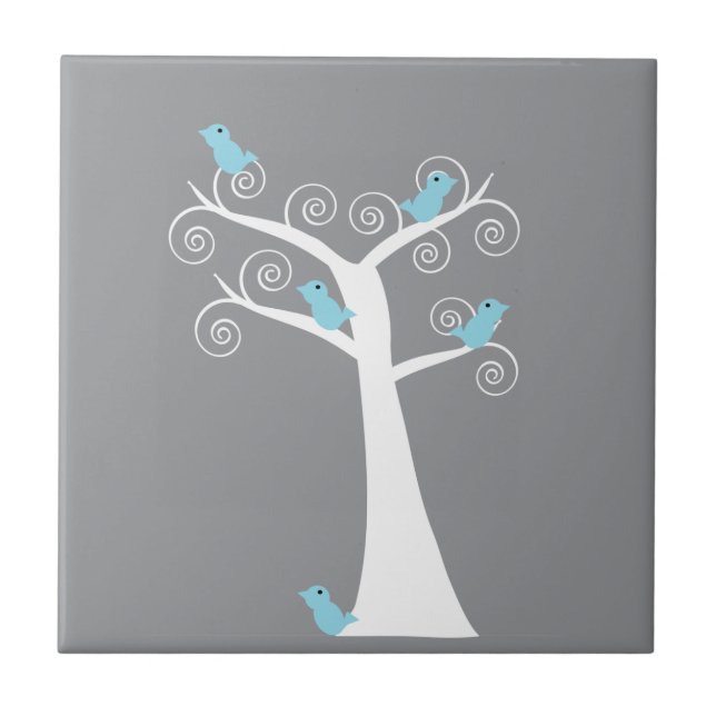 Whimsical Blue Birds Grey Swirl Tree Tile (Front)