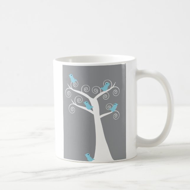 Whimsical Blue Birds on White Tree Grey Background Coffee Mug (Right)