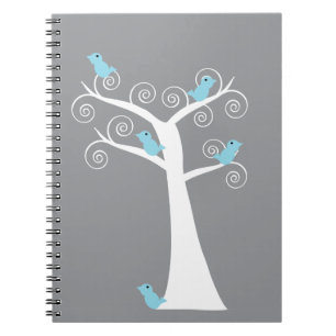Whimsical Blue Birds on White Tree Grey Background Spiral Notebook