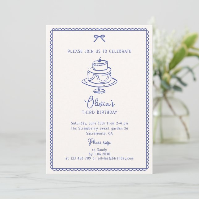 Whimsical Blue, Birthday Cake, Birthday Party  Invitation (Standing Front)