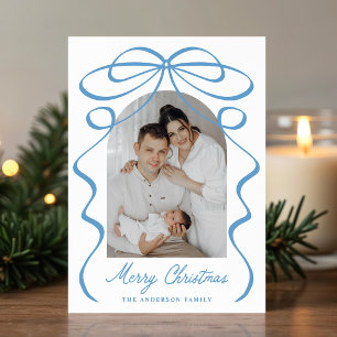 Whimsical Blue Bow Ribbon Christmas Arch Photo Holiday Card