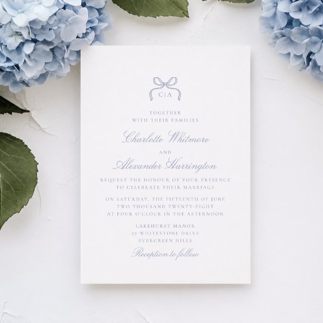Whimsical Blue Bow Wedding Invitation (Creator Uploaded)