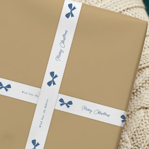 Whimsical Blue Bows Merry Christmas Custom Name Satin Ribbon