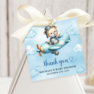 Whimsical Blue Brown Teddy Bear Aviator Boy Shower Favour Tags