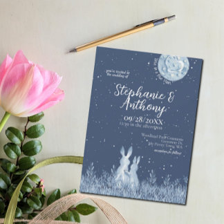 Whimsical Blue Bunny Rabbit Moon Stars Wedding Invitation