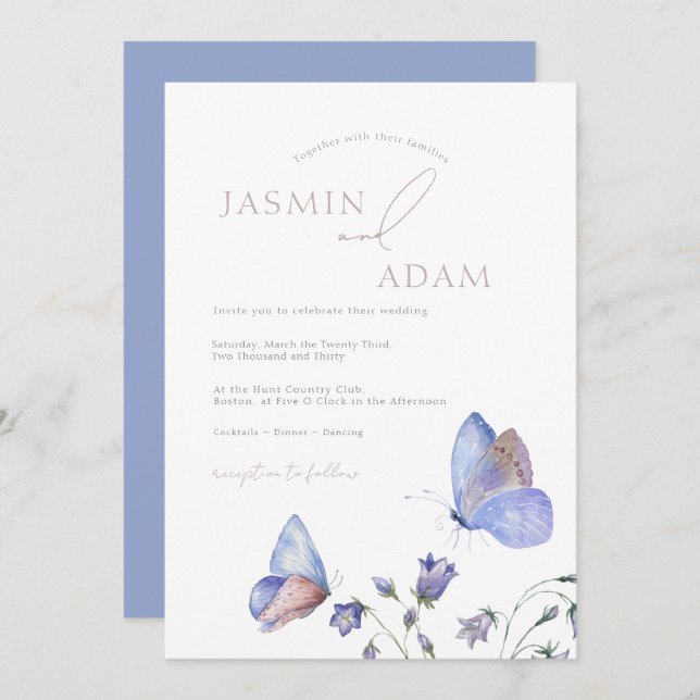 Whimsical Blue Butterflies Monogram Wedding Invitation (Front/Back)