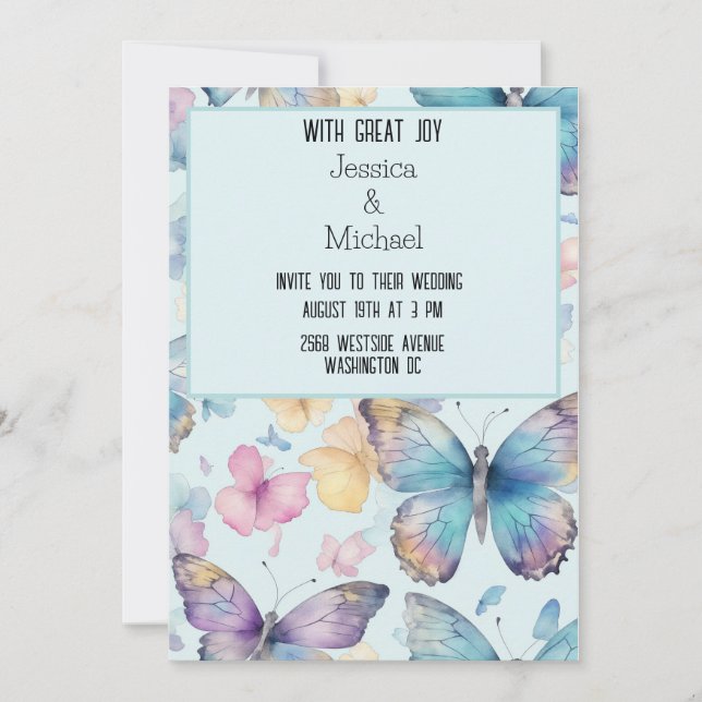 Whimsical Blue Butterflies Wedding Invitation (Front)